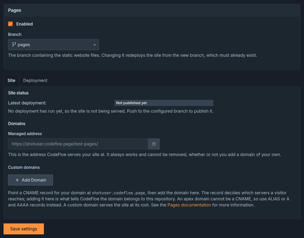 Pages repository settings
